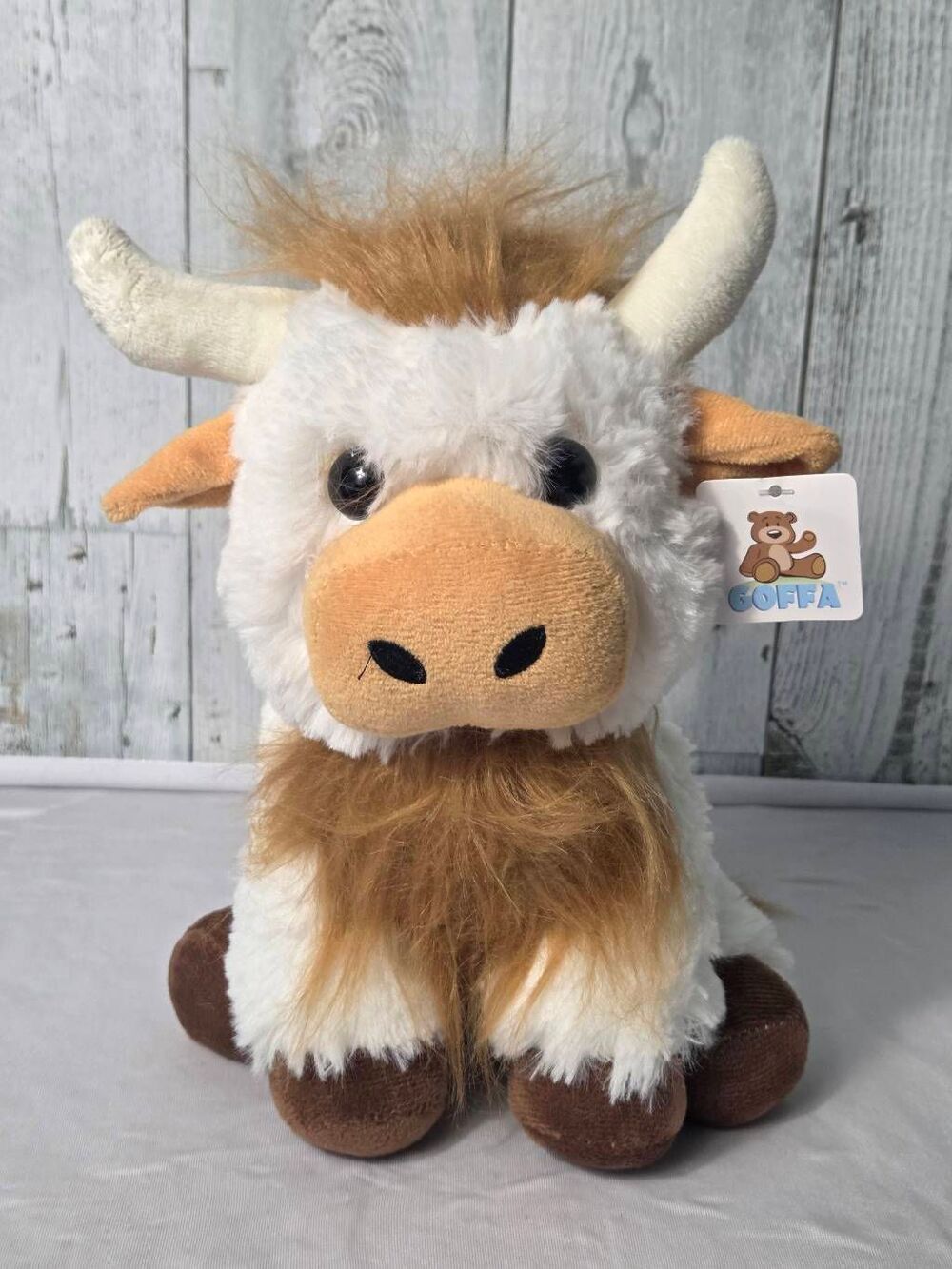 Goffa White with Brown 10" Highland Cow Horns Plush NWT, Defect